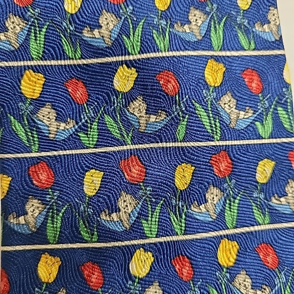 PAUL FREDRICK Bear in a Hammock Floral Tulip Blue Men's 100Italian Silk Neck Tie